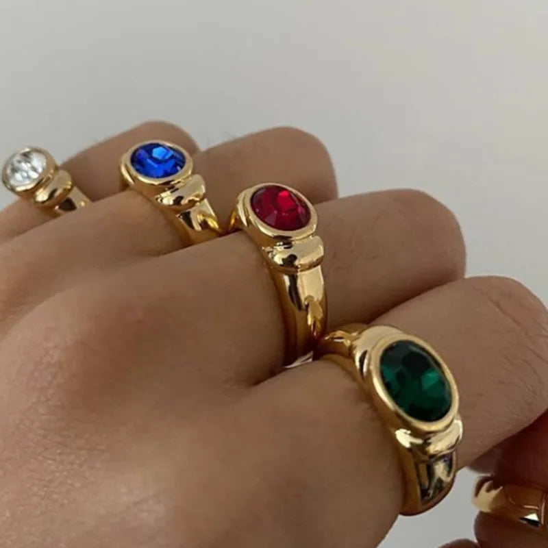 PVD 18K Gold Plated Red & Blue & Green Zircon Stainless Steel Rings for Women Gold Rings Jewelry Wholesale