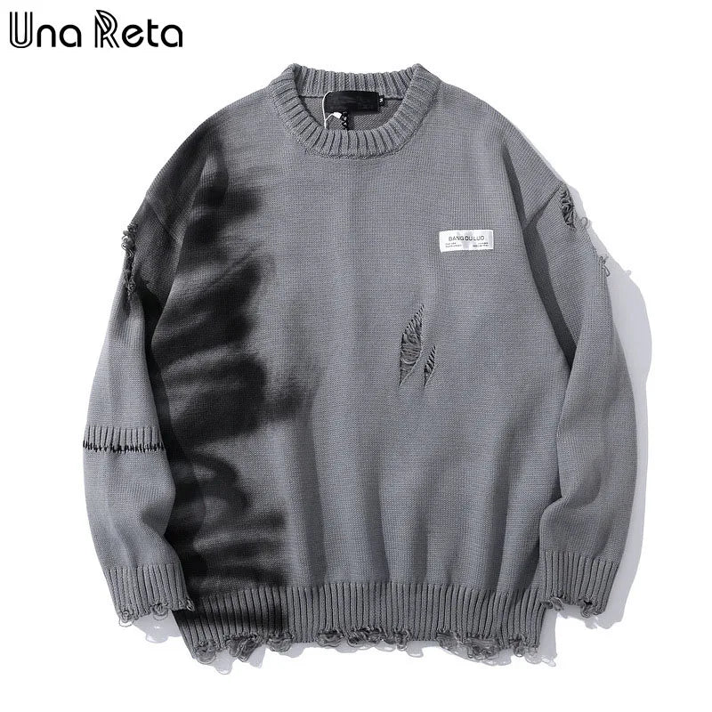 Una Reta Graffiti Sweater Men New Autumn Streetwear Men's Clothes Hip Hop Pullover Men Hole Oversize Couple Sweater