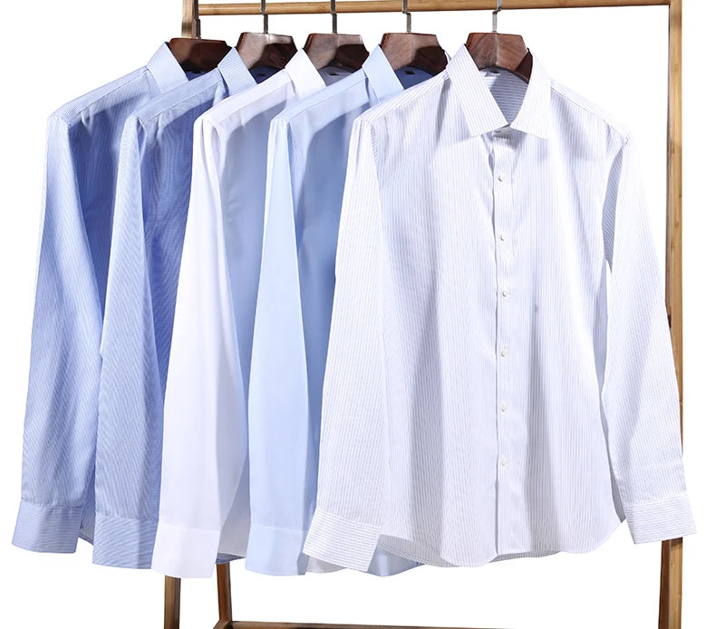 Men's Classic Long Sleeve Striped Dress Shirt Non Iron Regular Formal Business Social Button-up Easy Care Luxury Cotton Shirts