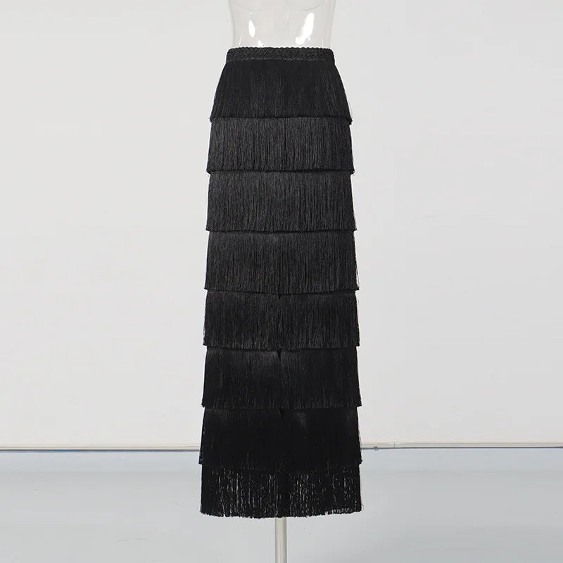 Solid Loose Spliced Tassels Minimalist Skirts for Women High Waist Patchwork Ruffles Fashion Skirt Female Clothing