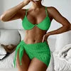 Bandage Halter Bikini Micro Ribbed Bikini 3 Pieces Set 2023 High Waist Swimsuit With Beach 3 Pieces Mesh Skirt