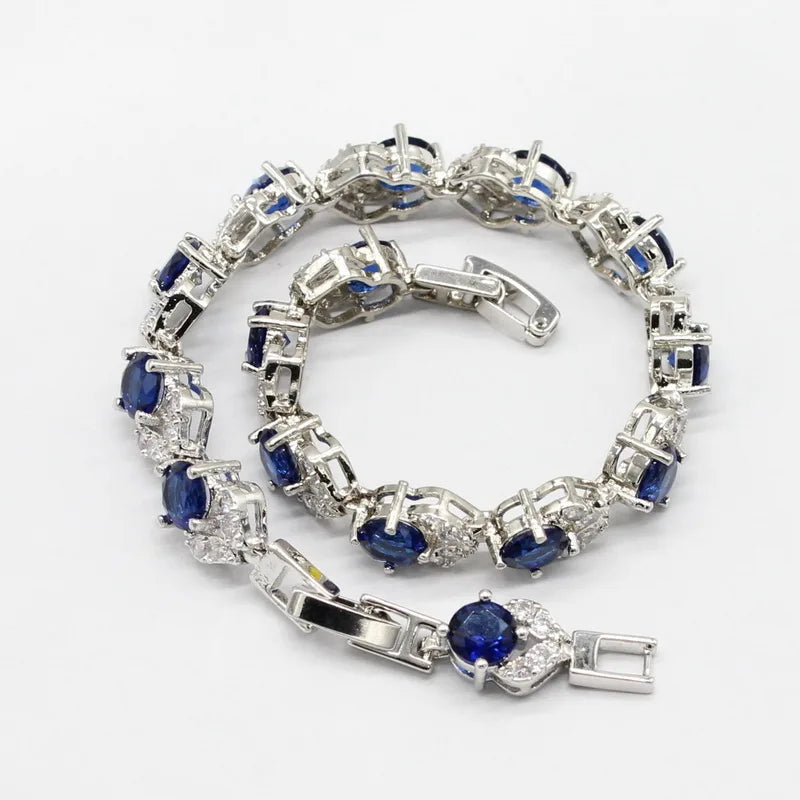 Dark Blue Sapphire 925 Silver Jewelry Set for Women Hoop Earrings Bracelet Rings Necklace Pendant for Parties Weddings Birthday