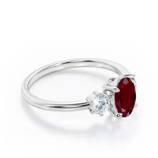 Oval Cut Ruby Classic Pave Setting Three Stone Engagement Ring 925 Sterling Silver Gold Plated Trio Wedding Party Ring