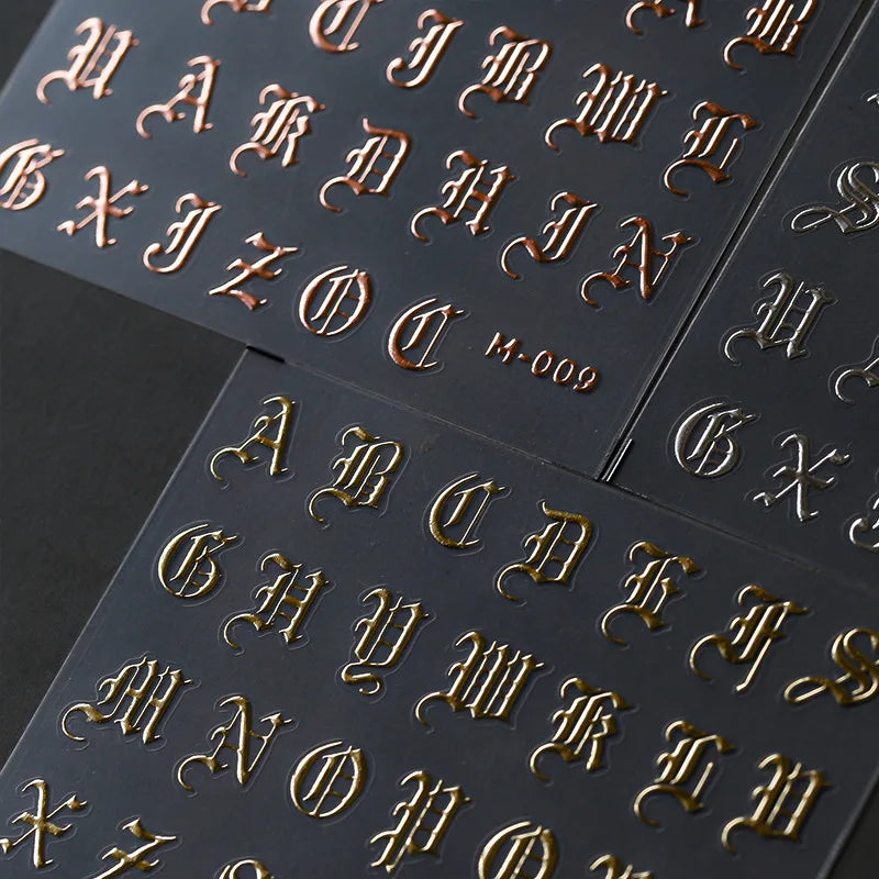 2D Laser Nail Stickers New Embossed Gold Foil Nail Decals Gothic Letter Rose Gold Nail Art Stickers
