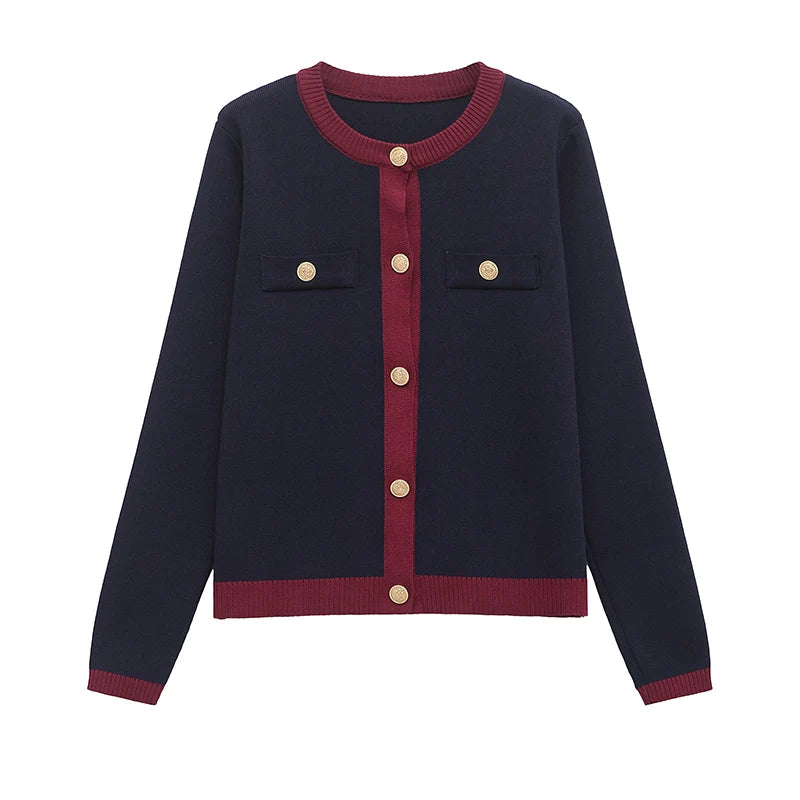 ZATRHMBM Women's Clothing 2024 New Fashion Gold Button Knitted Top Retro Round Neck Long Sleeve Casual Female Sweater