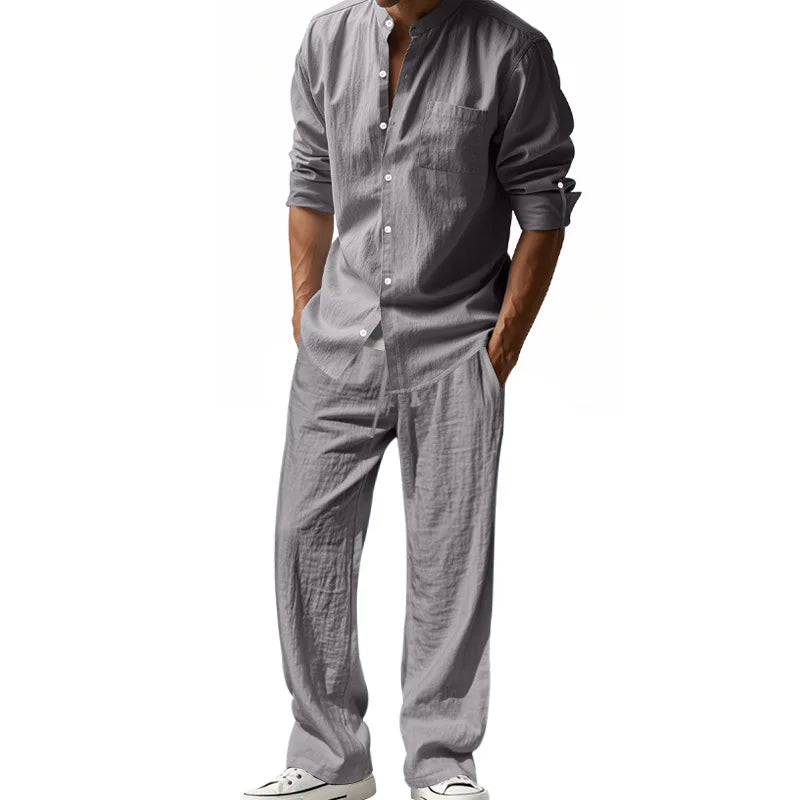 New Mens Suit Linen Casual Loose Breathable Long Sleeves Shirt and Trousers Two-Piece Set Beach Suit