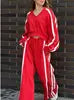 Women's Trendy V-neck Cropped Top & Wide Leg Pants 2-Piece Set Side Striped Casual Tracksuit