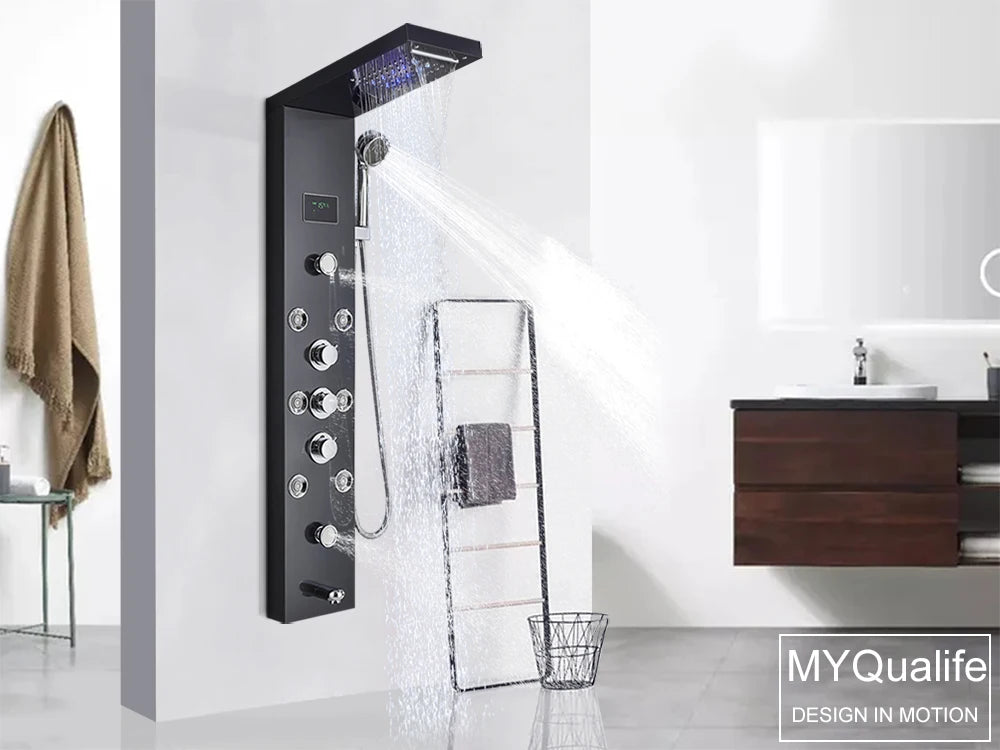 LED Shower Panel Waterfall Rain Digital Display Shower Faucet Set SPA Massage Jet Bathroom Column Mixer Tap Tower System