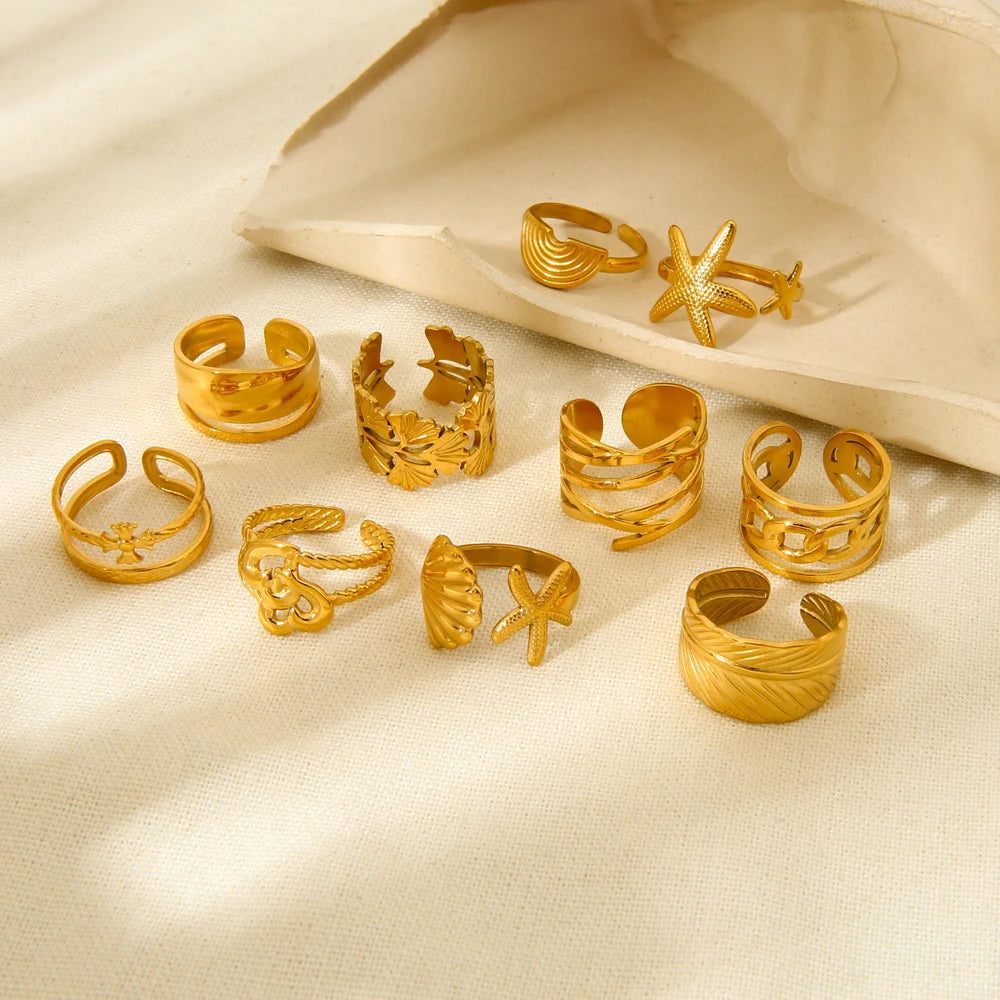 Geometric Jewelry 18K Gold Plated Finger Ring Stainless Steel Chain Starfish Ginkgo Leaf Layer Opening Stacking Rings Gift