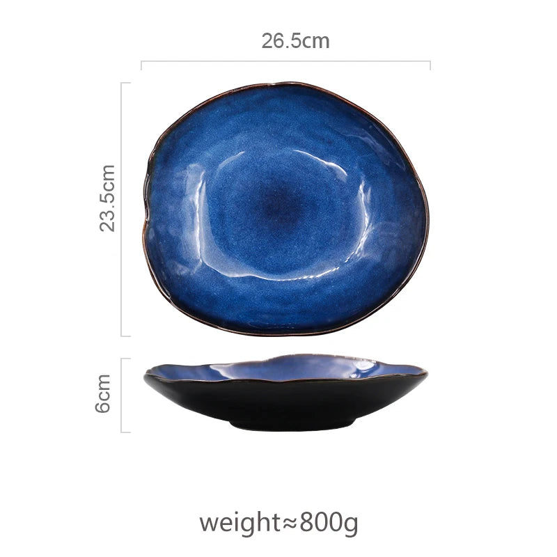 Ceramic Plate Irregular Dish Tableware Series Western Food Plate European Blue Color Glaze Salad Bowl Main Dish Kitchen Supplies