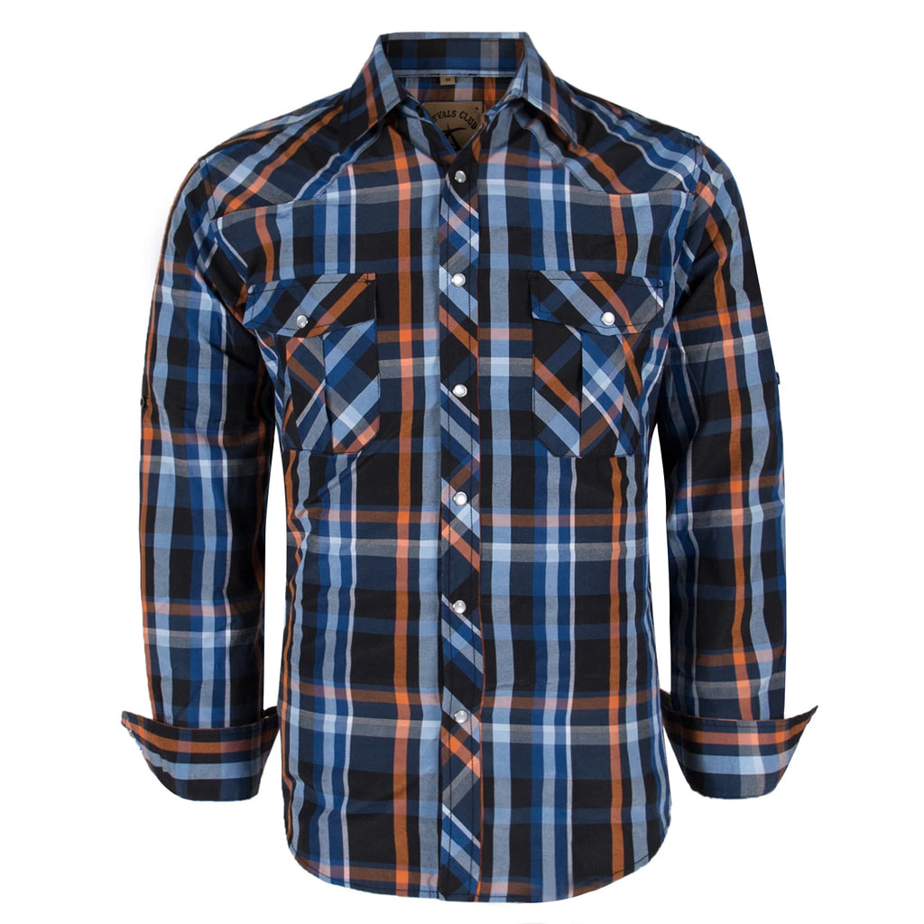 Men's Western Cowboy Long Sleeve Pearl Snap Casual Plaid Work Shirts