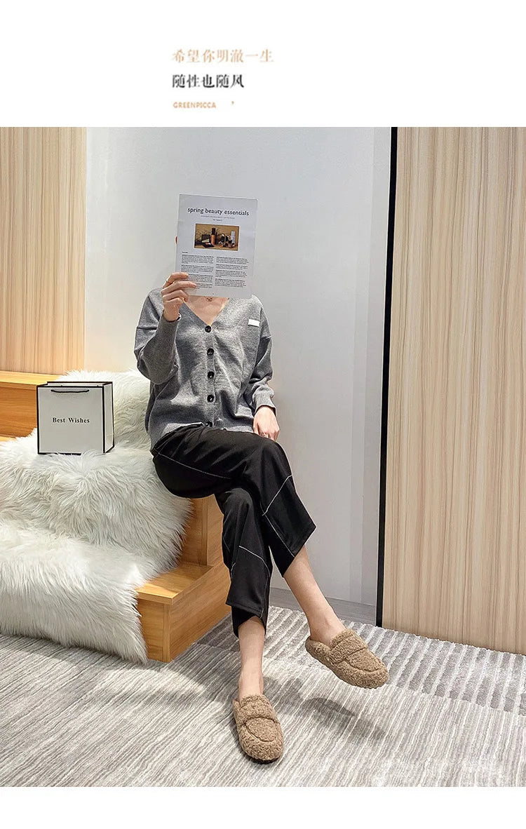 Winter Warm Plush Mules Women One Band Fur Slippers Cozy Cotton Shoes Woman Flats Cover Toe Fleeces Slides Femme Wool Pantuflas
