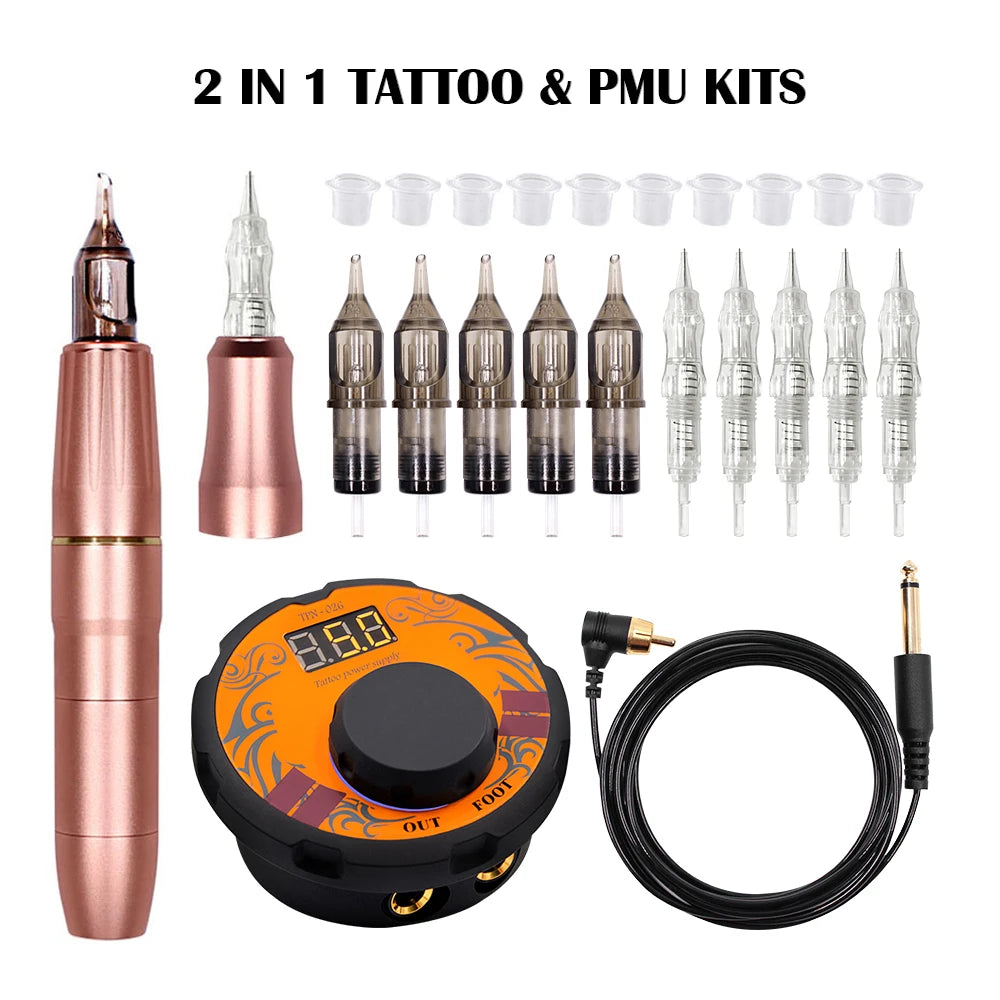 BIOMASER Newest Permanent Makeup Tattoo Machine 2 Head Rose Gold Microblading Pen Equipment 3D Microblading Tattoo Gun Set