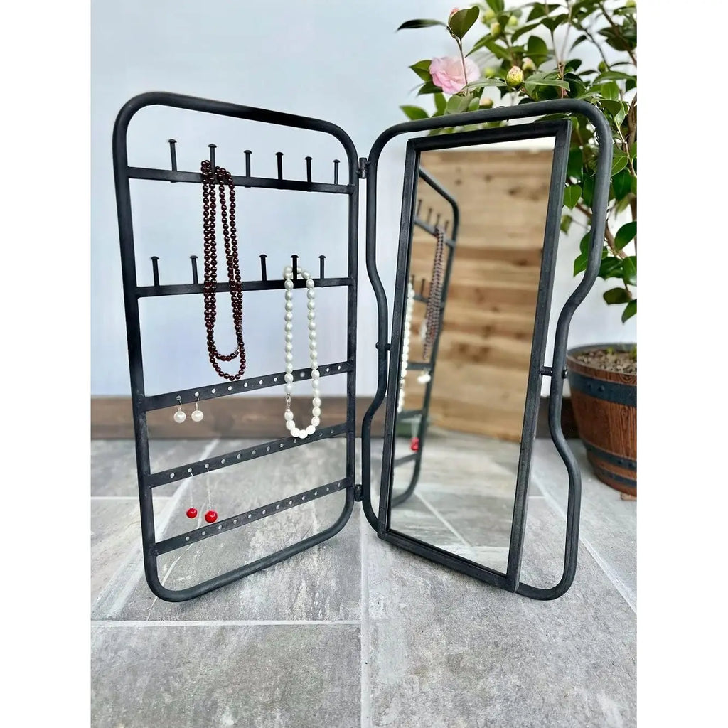 PARISLOFT Foldable Jewelry Holder With Mirror Black Metal Organizer For Necklaces Bracelets Earrings Rings Table Top Display