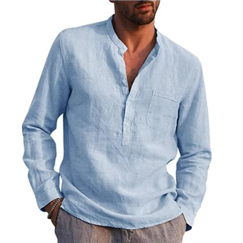 Men's Cotton Linen Casual Long Sleeve T-Shirt Plus Size Stand Collar Streetwear for Autumn Vacation & Fishing Pocket Detail