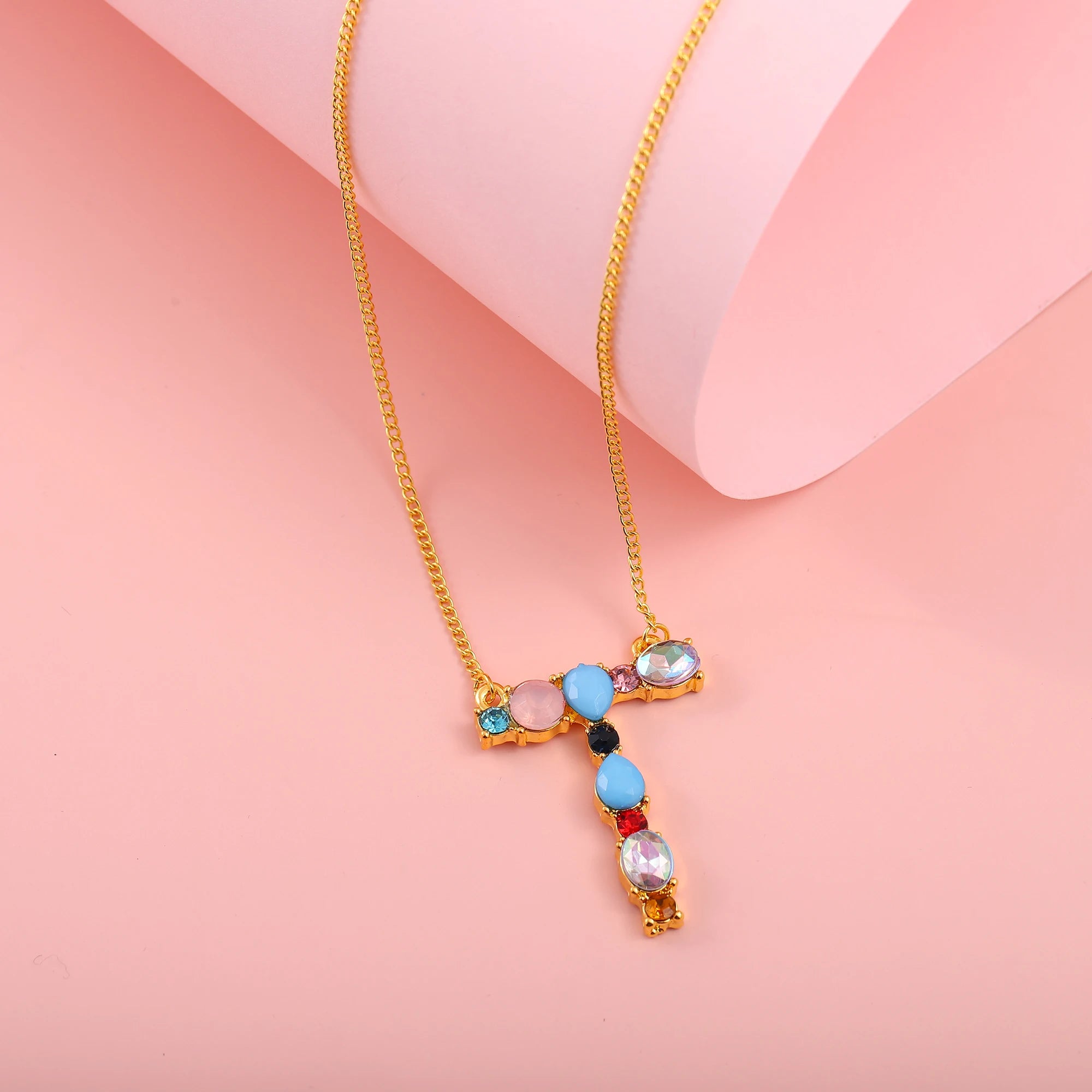Hainon Fashion Initial 26 Letter Necklace Colored Zircon Necklace Electroplated Gold Sweater Chain