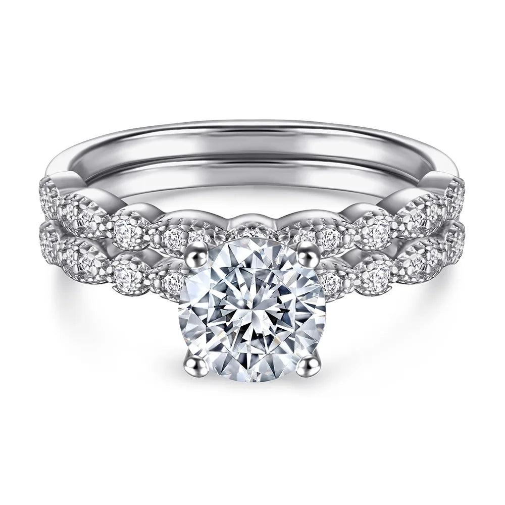 Wedding Ring Set Three-Piece Heart Pattern Engagement Jewelry Women's S925 Sterling Silver Rings