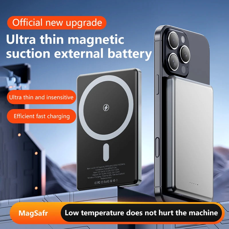 Portable 5000mAh Magnetic Wireless Charging Power Pack Wireless Output 15W Ultra-Thin Mobile Power Power Banks Type-C Output 20W