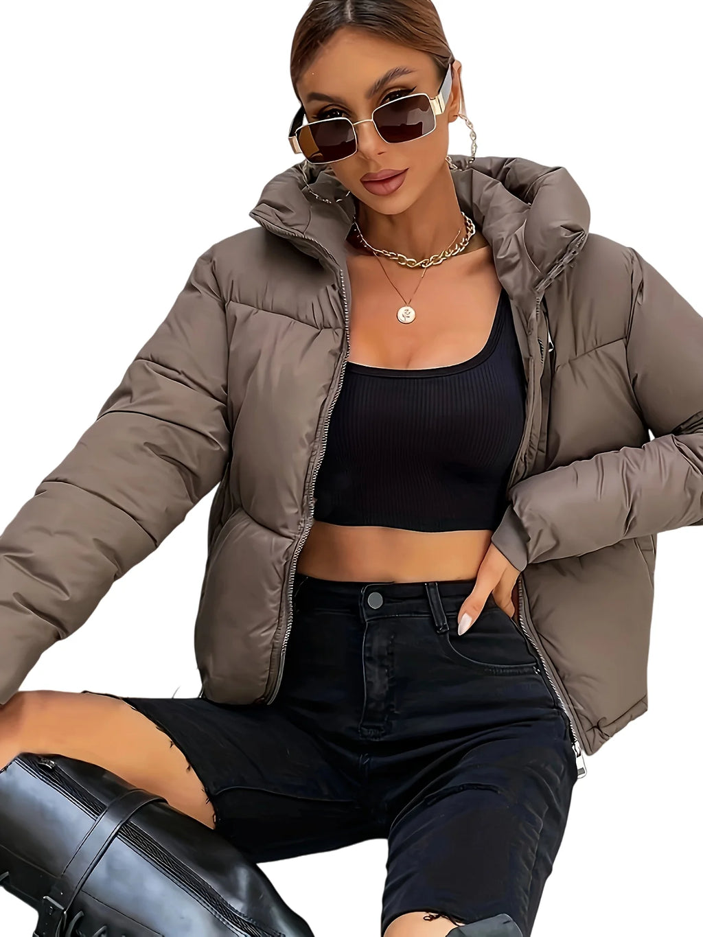 New 2026 Women's Winter Thick Short Casual Jacket with Stand-Up Collar and Zipper Solid-Color Winter Warm Bubble Crop Jacket