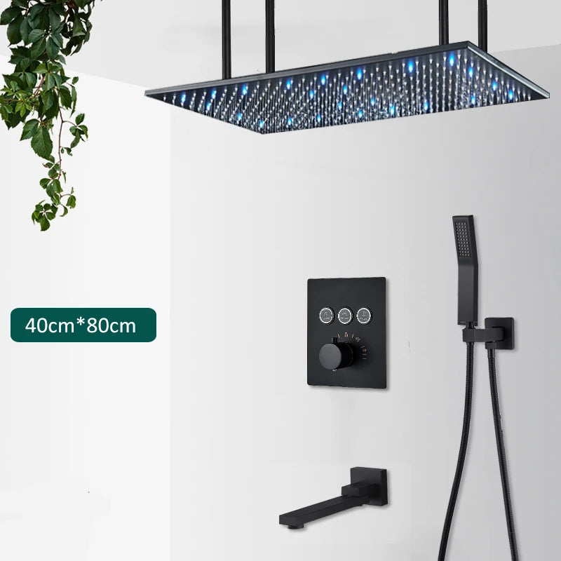 Luxury Black LED Thermostatic Shower Faucet Large Rain Waterfall Shower System Button Control Thermostatic Mixer Tap Bath Shower