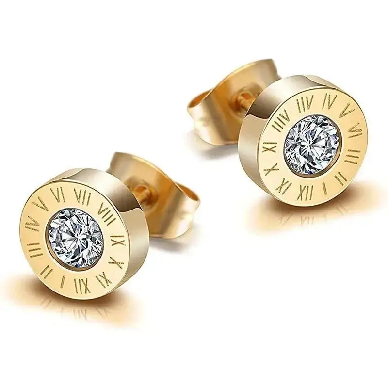 Fashion Chic Stainless Steel  Crystal Stud for Women Men Jewelry Vintage Roman Numerals Small Earring