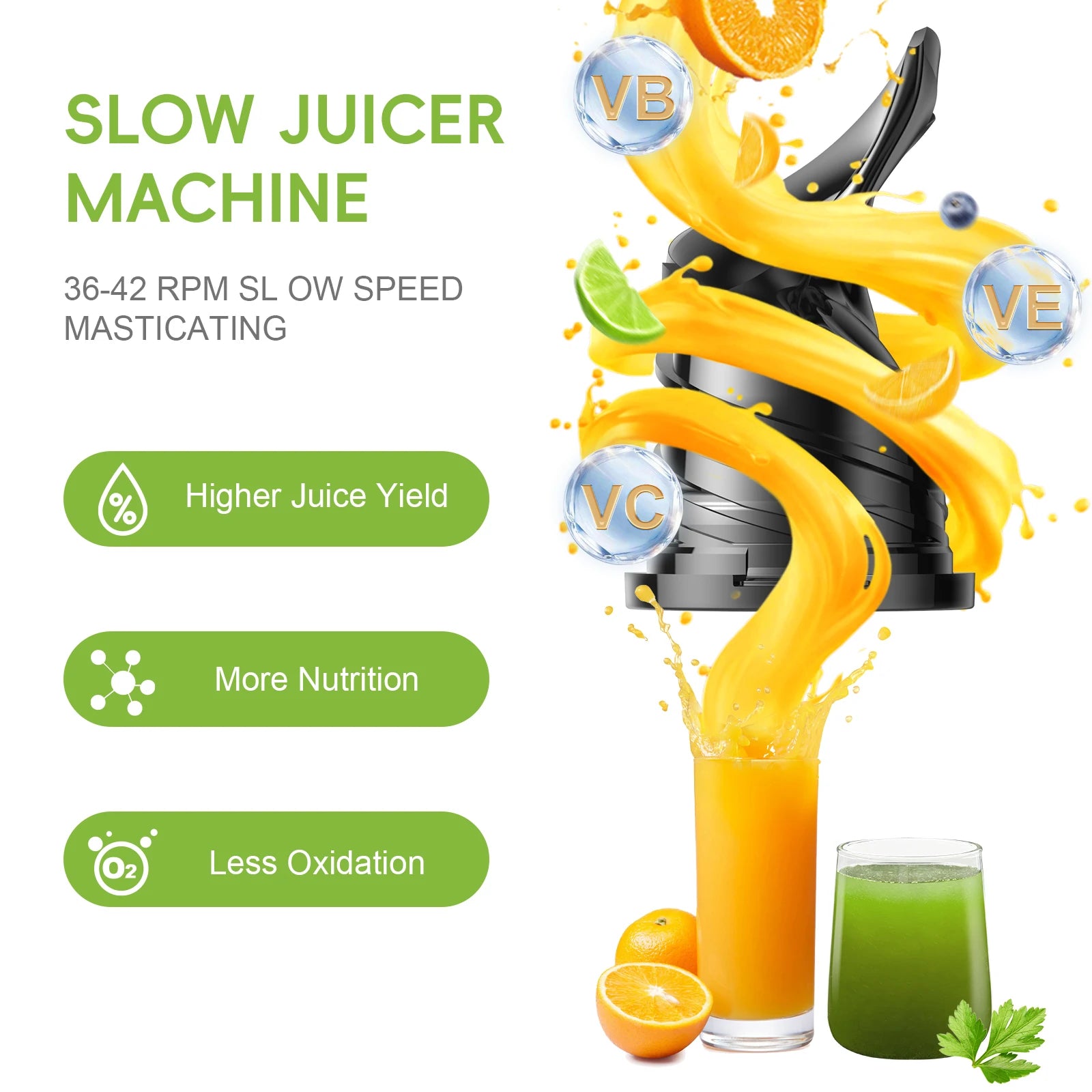 BioloMix Wide Chute Slow Masticating Juicer BPA FREE Cold Press Juice Extractor for High Nutrient Fruit and Vegetable Juice