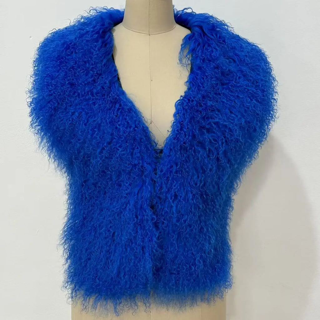Streetwear Real Mongolian Sheepskin Fur Vest Women Real Sheep Fur Halter Top Vest
