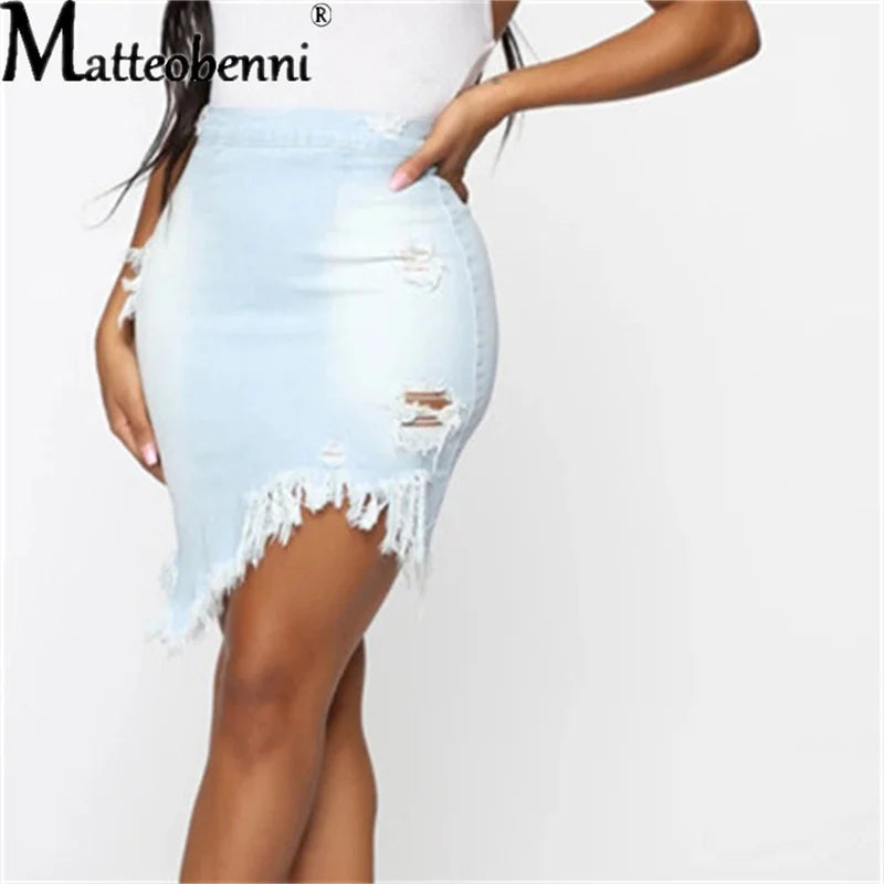 New Summer Sexy Ripped Denim Skirt Women Fashion Hollow Out Casual Hole Tassel Mini Skirt Irregular Basic Pocket Jeans Skirt