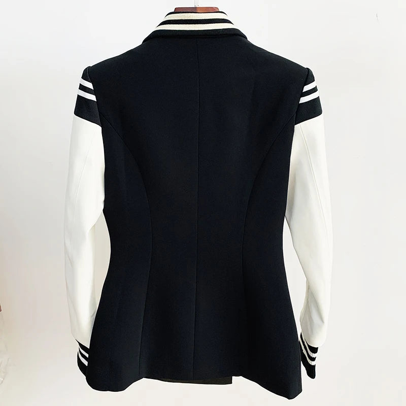 HIGH STREET New Fashion 2026 Classic Varsity Jacket Women's Lion Buttons Double Breasted Leather Sleeve Patchwork Blazer