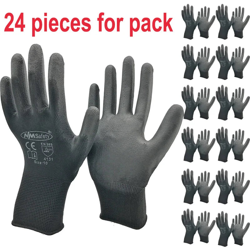 12 Pairs Safety Protective Coated PU Work Gloves Palm Coated Glove Mechanic Working Gloves CE Certificated EN388 4131X