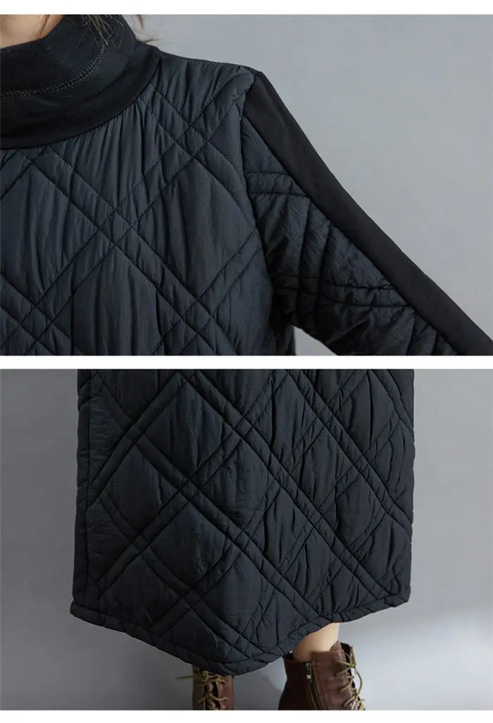 Retro Quilted Diamond Dress Thick Stitching Warm Autumn Winter Clothing New Women's High-Neck Casual Long Tunic y750