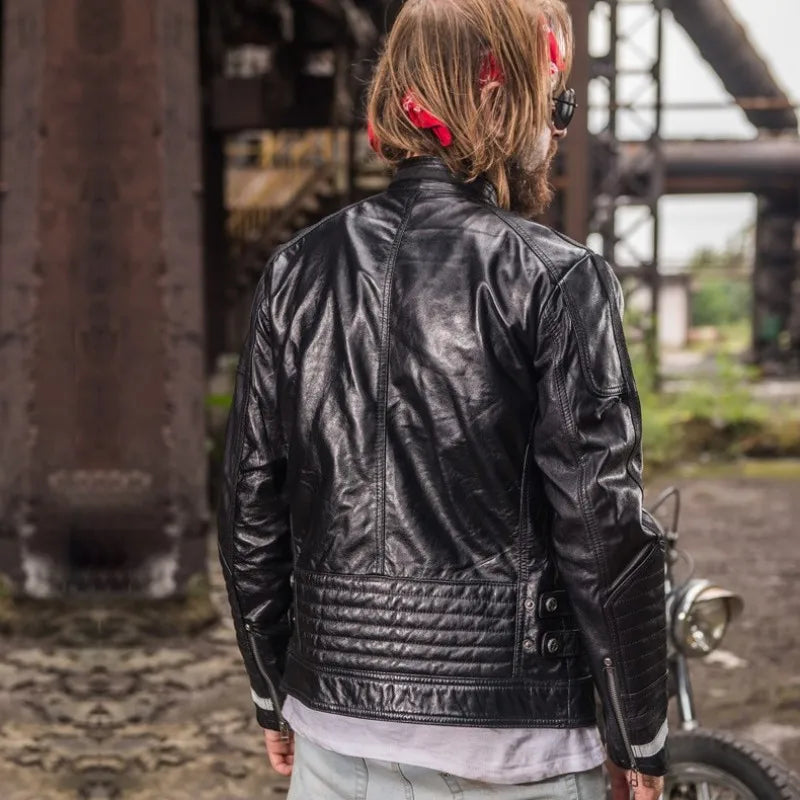 Fashion Mens Slim Fit Sheepskin Motorcycle Biker Jacket Side Striped Short Stand Collar Windproof Coats Genuine Leather Jacket