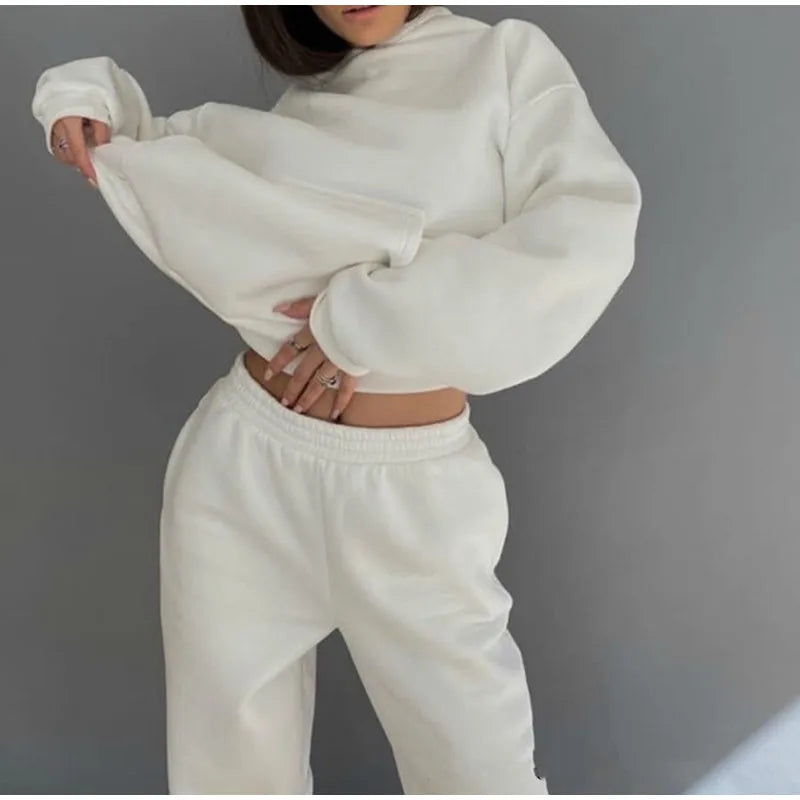Women's Tracksuit Suit Winter Fashion Warm Hoodie Sweatshirts Two Pieces Oversized Solid Casual Hoody Pullovers Long Pant Sets