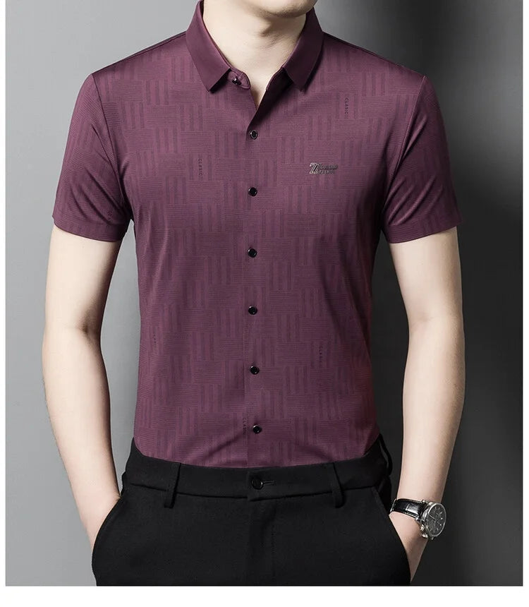 Liu Ming Summer Fashion Casual Men's Tops Shirts Single Breasted Solid Color Short Sleeve With Turn-Down Collar