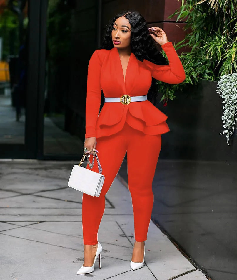 New 2025 Women Long Sleeve Solid Ruffles Design Top & Skinny Pencil Pant Sets Two Piece Set Women Outfits