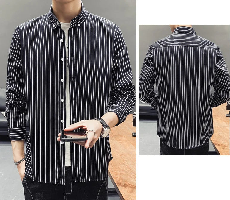 10%OFF M-5XL Korean Version of the New Four Seasons Shirt Youth Men's Business Casual Striped Lapel All-match Top Shirt