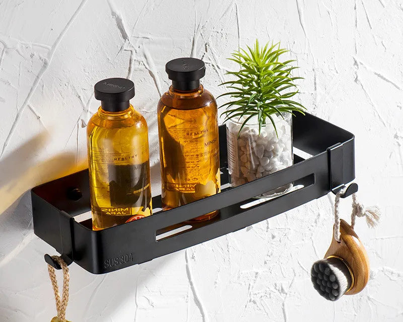 Modern SUS304 Stainless Steel Bathroom Corner Shower Shelf with Hooks, Wall Mounted Self-Adhesive Organizer Rack