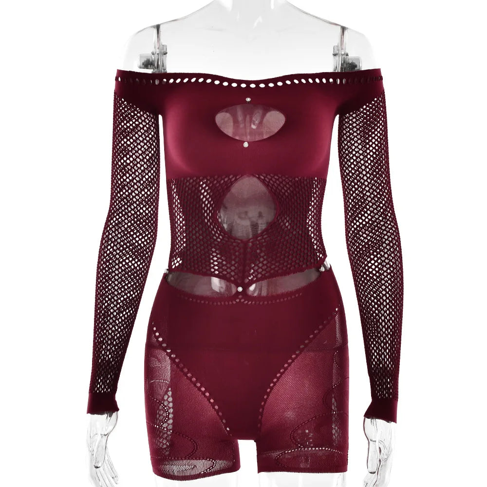 2025 Off Shoulder Hollow Out Playsuits Women Sexy See Through Long Sleeve High Stretch Party Clubwear Female Slim Skinny Romper