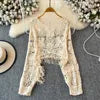 Women's Grey Embellished Beaded Ripped Sweater | Autumn/Winter 2025 Fashion | Irregular Knit French Cinched Waist Top