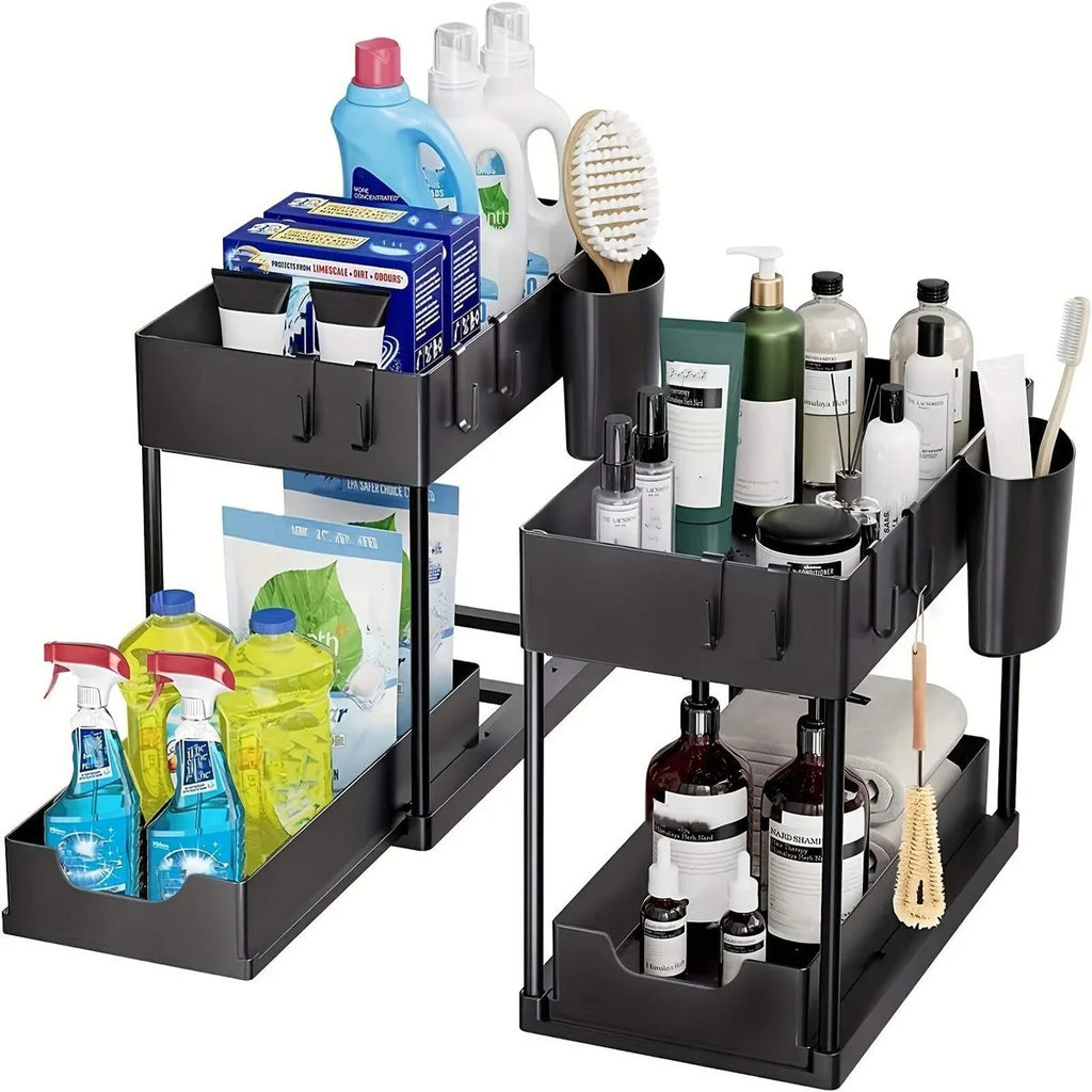 Double Tier Foldable Wall-Mounted Sliding Eco-Friendly Vintage Black Storage Boxes Kitchen Sink Organization Plastic Drawer