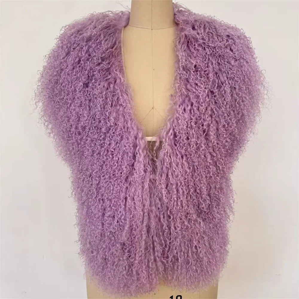Streetwear Real Mongolian Sheepskin Fur Vest Women Real Sheep Fur Halter Top Vest