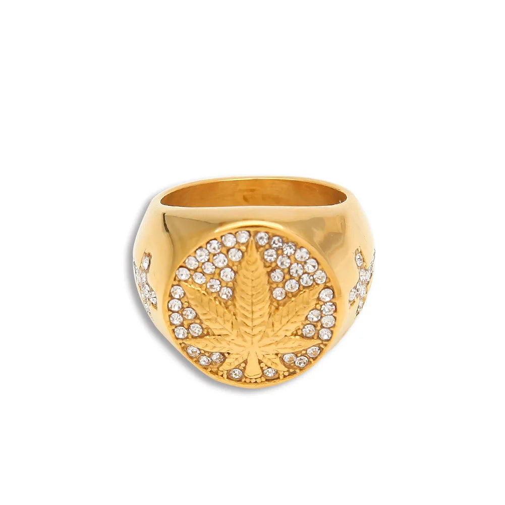 Men's Ring HIP Hop Iced Out Bling Gold Stainless Steel Micro Paved Rhinestone Maple Leaf Rings Cross Diamond Ring