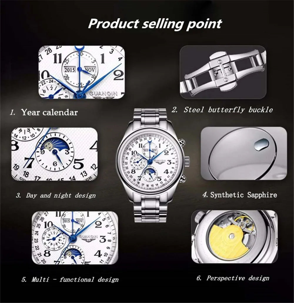 GUANQIN Leather Steel Mechanical Sapphire Men Watches Top Brand Luxury Waterproof Automatic Wristwatch Calendar Moon Phase