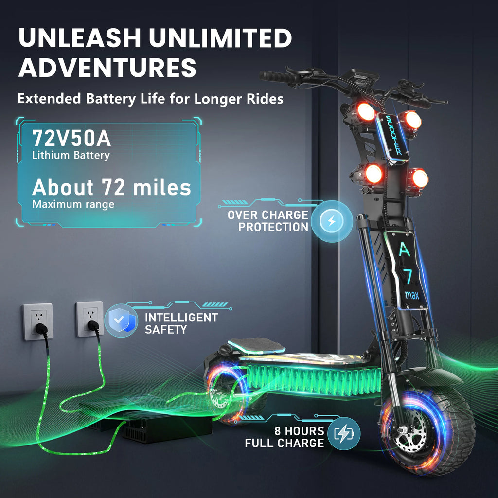 US EU Stock Scooter for Adults 5000W72V Dual Motor Removable Battery 13"Off-Road Tires 65 Mile Range Folding A7max Monopattino E