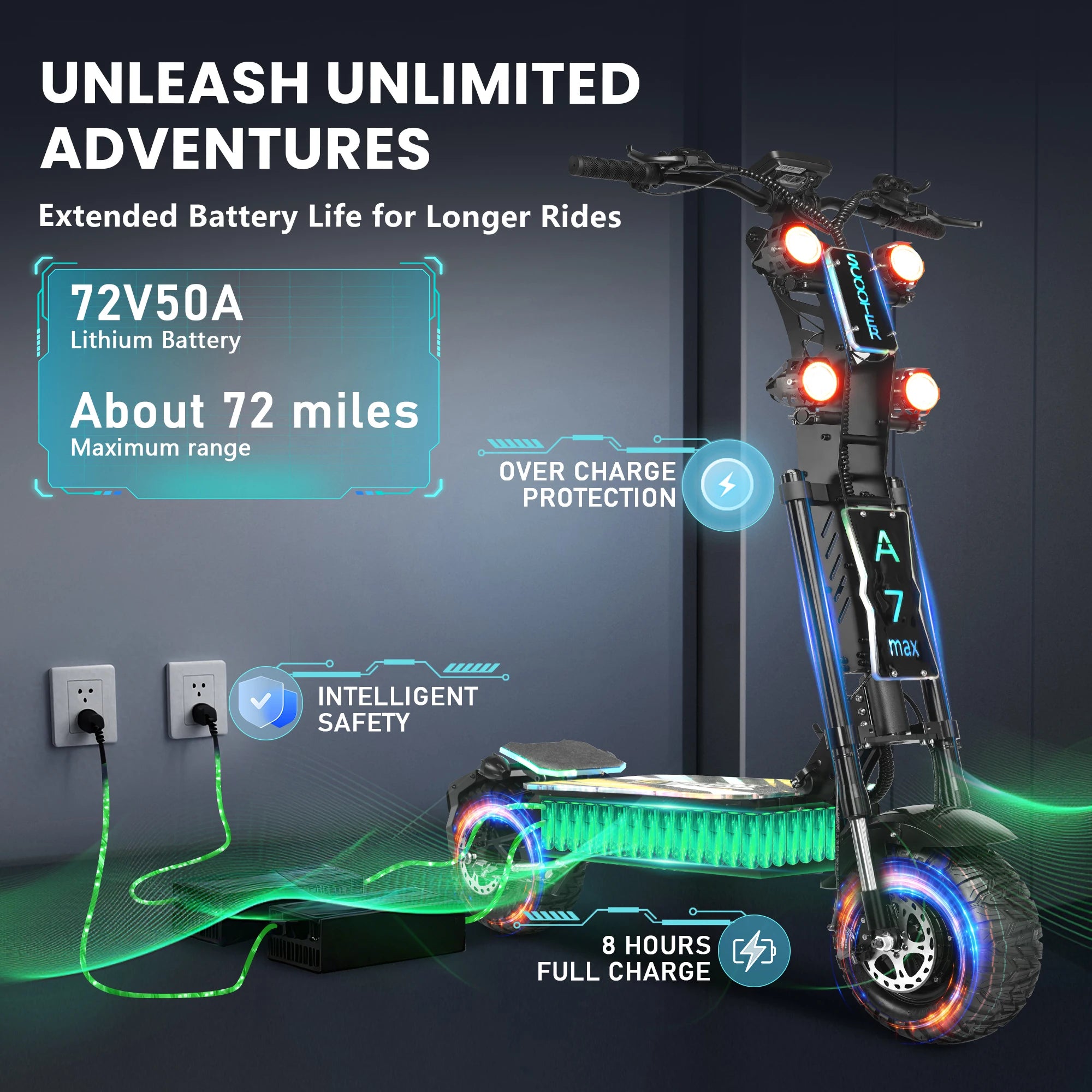 US EU Stock Scooter for Adults 5000W72V Dual Motor Removable Battery 13"Off-Road Tires 65 Mile Range Folding A7max Monopattino E