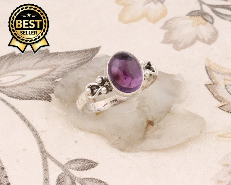Simple Oval Shape 925 Sterling Silver Solid Amethyst Ring for Men Party Occasion Handmade Jewelry