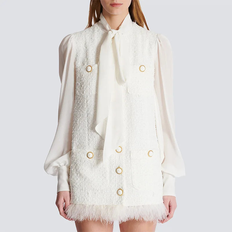 Bettergirl Women Autumn and Winter New Fashion Elegant White Short Dress Feather Hem Chiffon Patchwork Tweed Dress