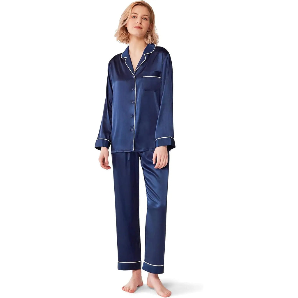 Women's Silk Satin Pajamas Set For Women Long Sleeve Button Down 2 Piece Soft Sleepwear Silky Satin Pajama Sets Ladies Sleepwear