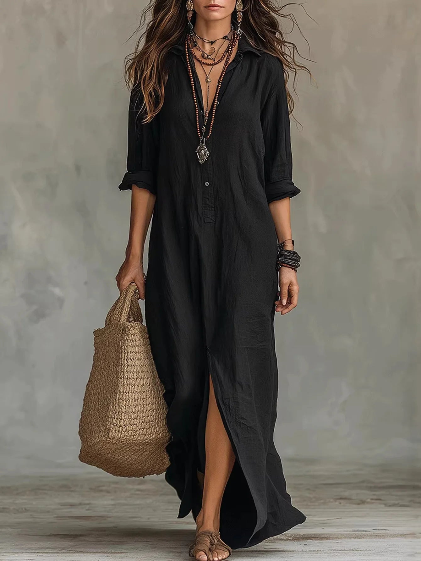 2026 European American Spring/Summer Women's Halter Neck Maxi Solid Color Collar Front Split Casual Breathable Eco-Friendly