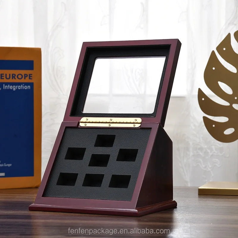 Wooden Trapezoid Display Case for Championship Rings Angled Multi-Slot Organizer for Basketball, Football Game Souvenir Rings